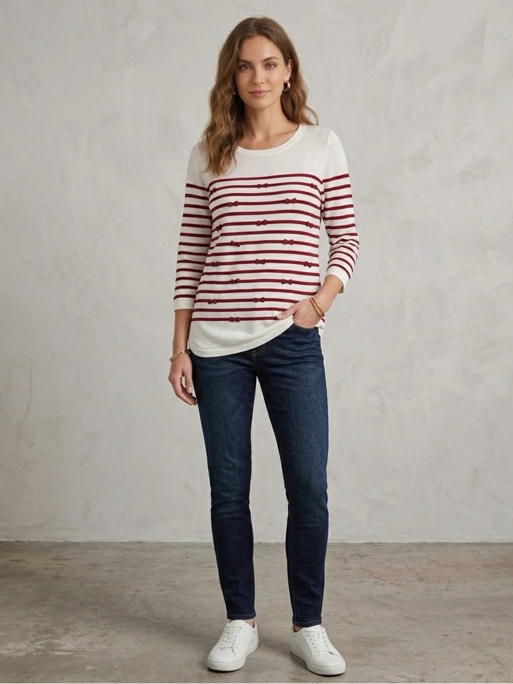 Talbots White and Red Striped Crewneck with Bow Details